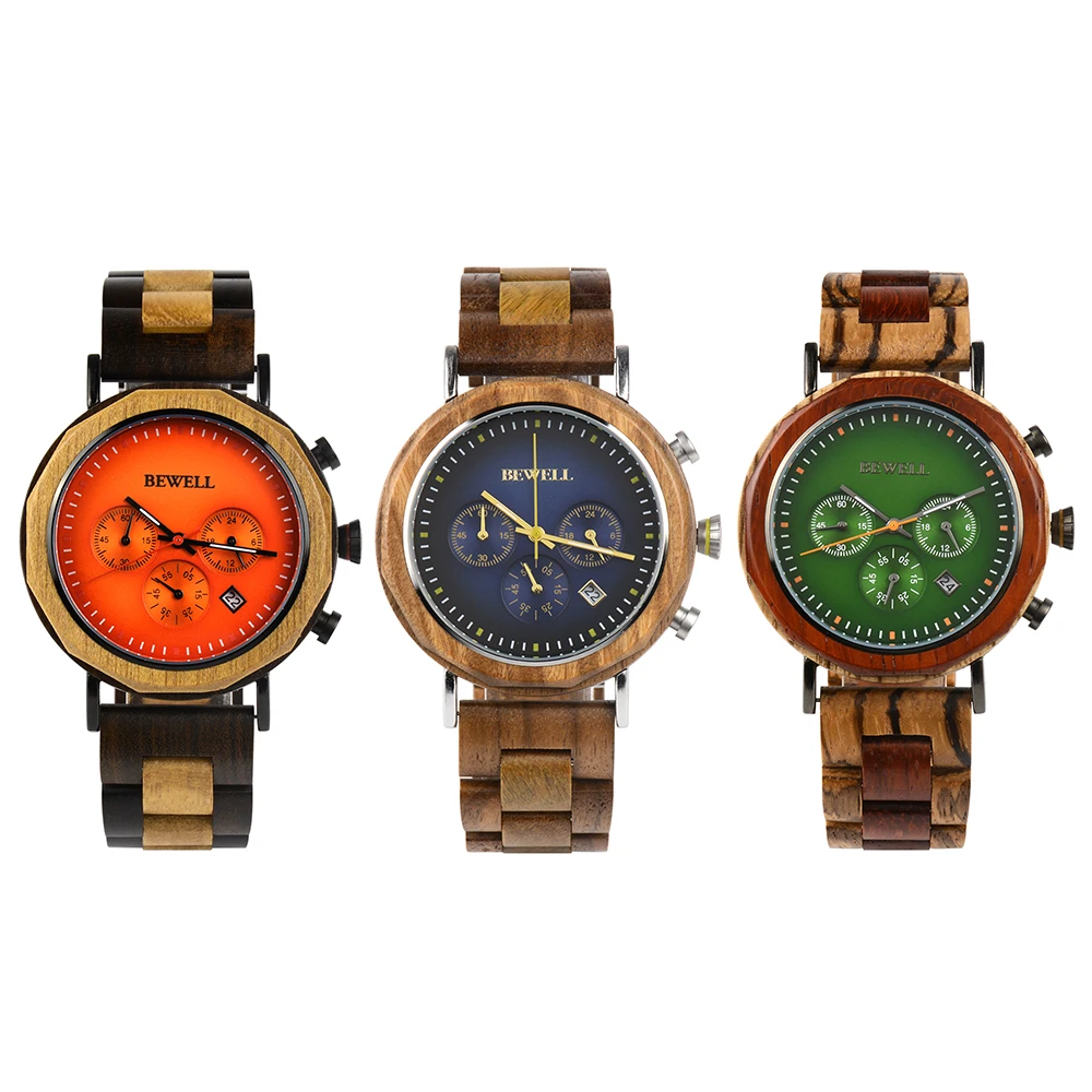 

Bewell Newest Luxury Handmade Watch Custom Quartz Chronograph Watch Engraved Wooden Watches Men Wrist