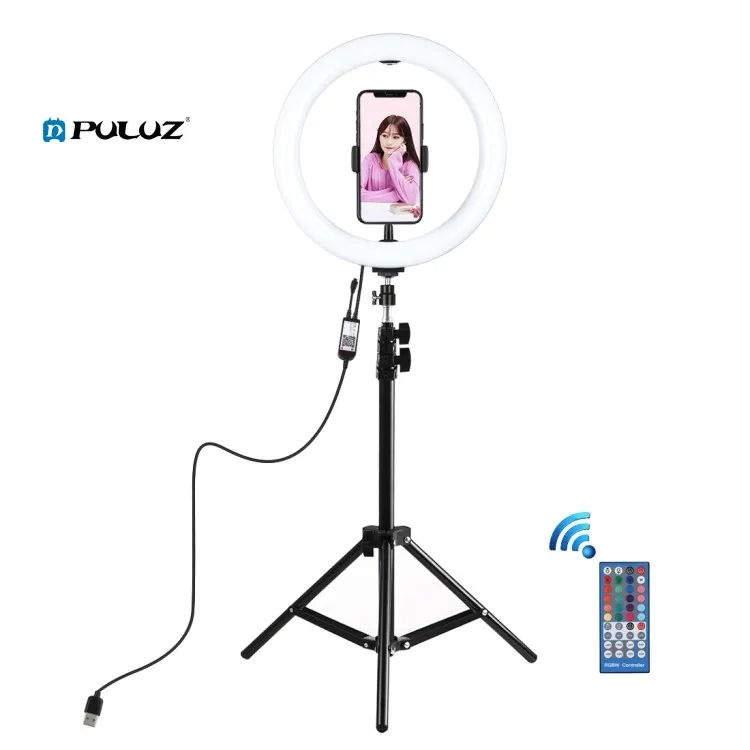 

PULUZ 1.1m Tripod Mount 10.2 inch RGBW LED Ring Video Light Kits with Remote Control Cold Shoe Tripod Ball Head Phone Clamp