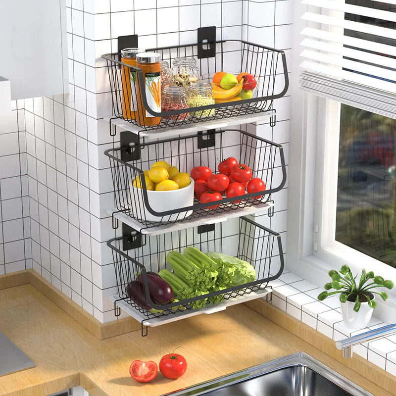 

Spot wall-mounted vegetable basket perforated-free fruit and vegetable basket Multi-layer drain rack Single-layer shelf, Black
