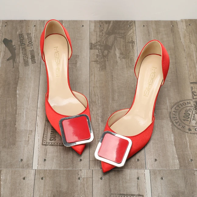 

Goxeou Women High Heel Shoes Women's Pumps Female Dress Shoes Formal Shoes Pointed Toe Metal Buckle Brooch Rose Gold Satin 32-46