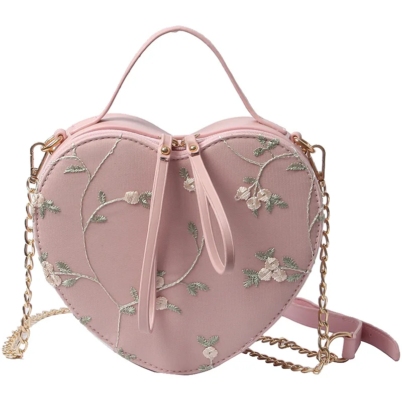 

Japan style flower pattern heart-shaped crossbody chain lace shoulder small handbags for girls