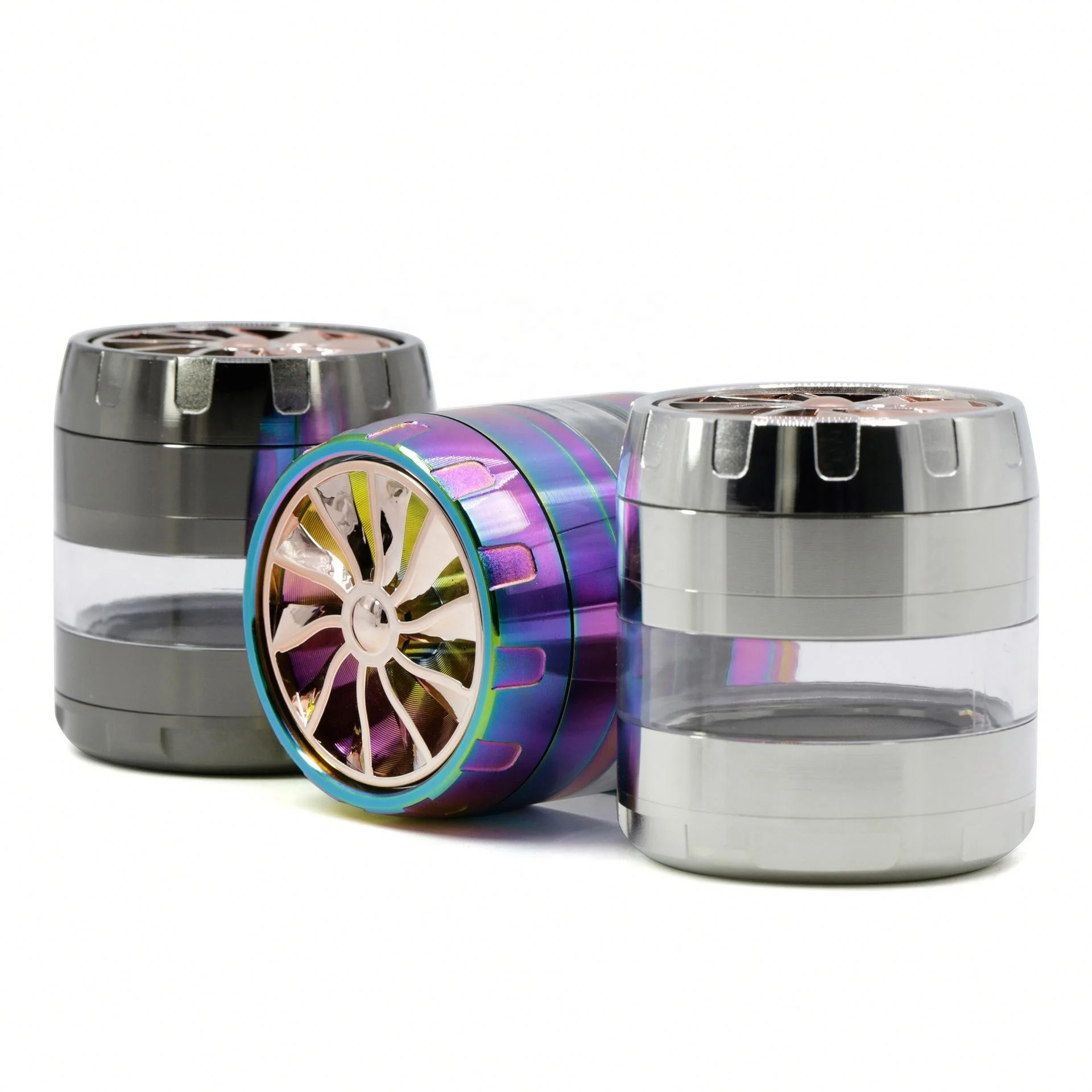 

2 Colors 4 Part Dry Herb Grinder Diameter  Zinc Alloy Turbo Cover Transparent Side Grinder jhcentury, Picture