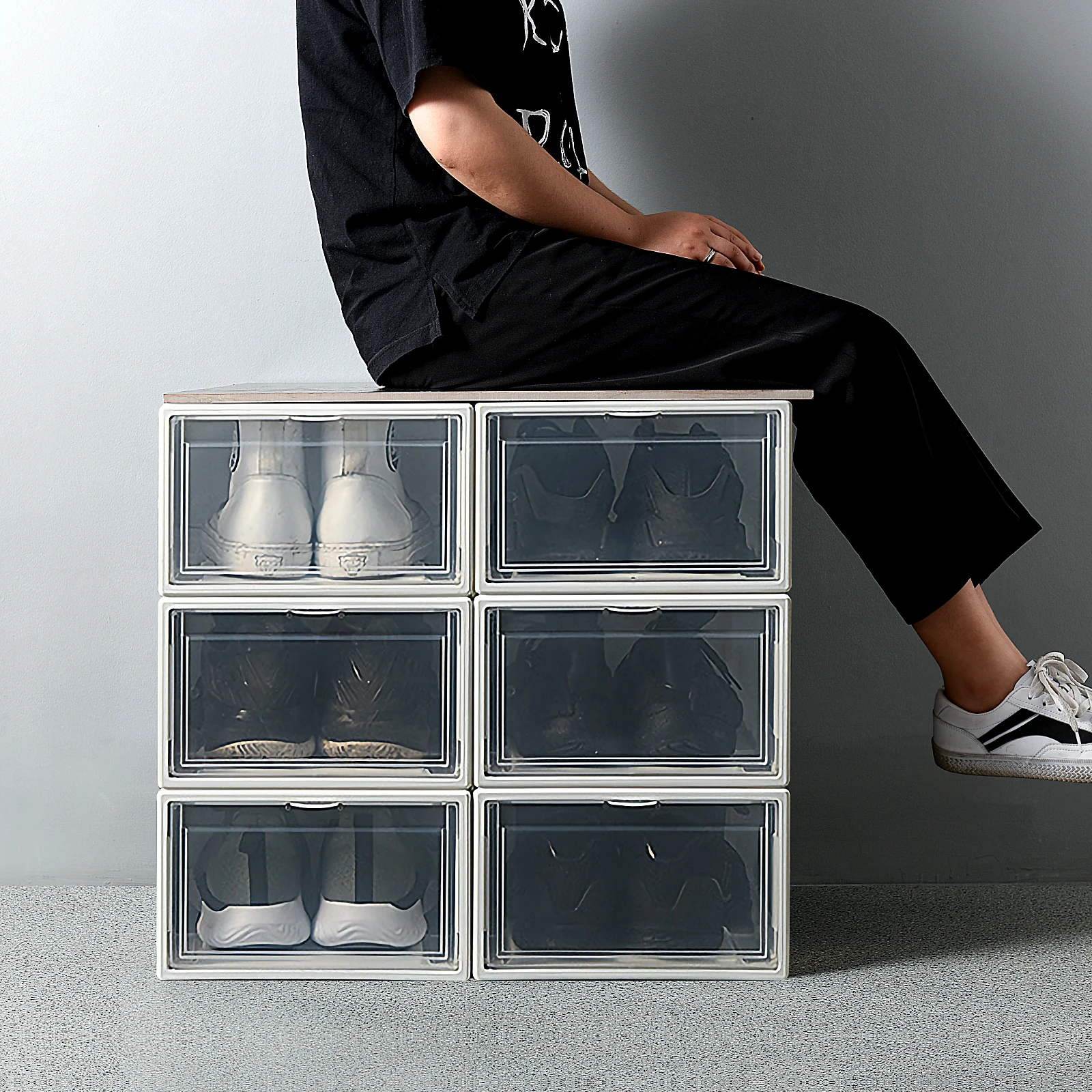 

New plastic transparent foldable shoe box packaging with lid for dustproof flexible container storage shoe box, White