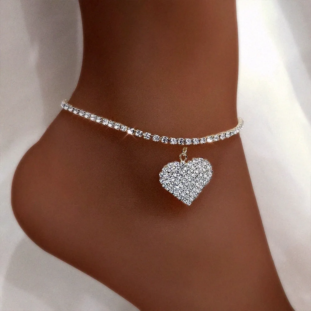 

Sweet Wedding Engagement Jewelry Crystal Paved Large Solid Heart Pendent Charm Anklet Lovers Design, Gold,silver color