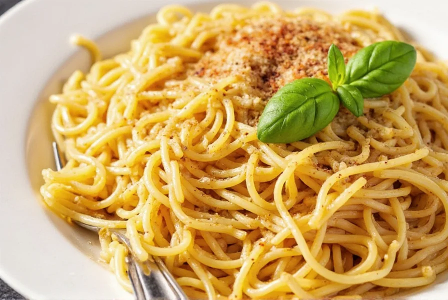 Plated spaghetti with fresh basil, Parmesan, and red pepper flakes