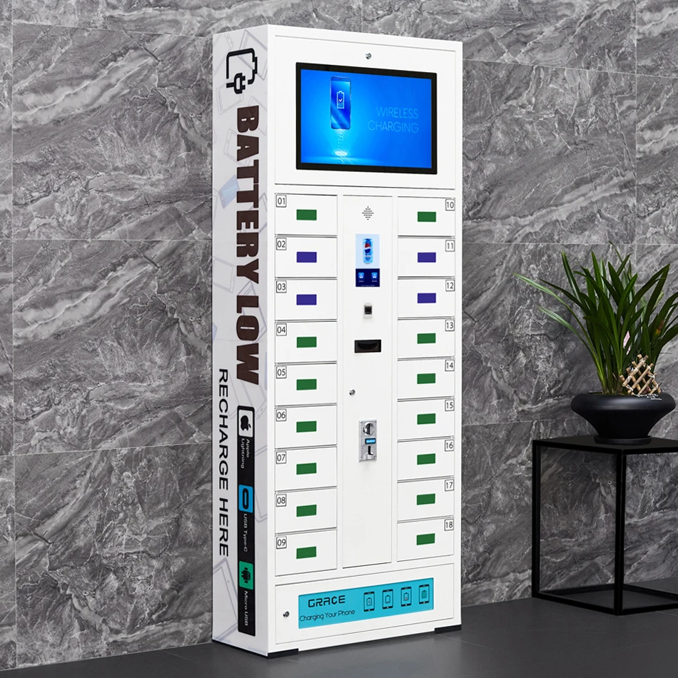 
Floor standing metal locker cell phone charging station with 18 bay in white 