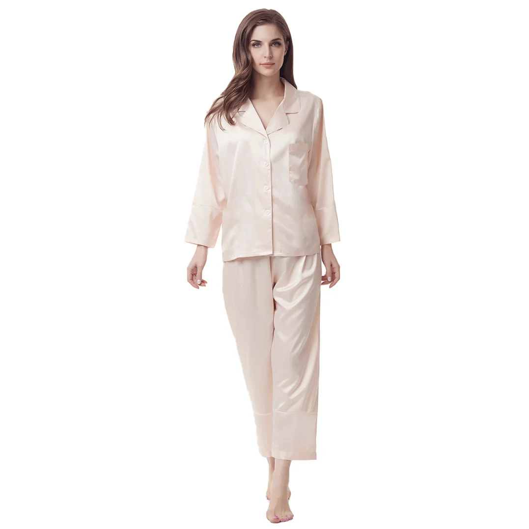 

Wholesale Satin Bridal Bridesmaid Pajamas Set Long Sleeve Long Pants Pajamas For Women, White, black, burgundy, dusty blue, orange, nude pink, skin red...