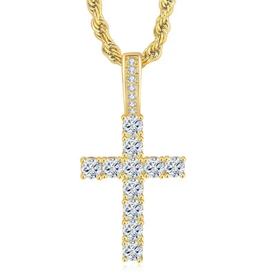 

New Style 4mm Cubic Zirconia Cross Necklace Hip Hops Real Gold Plated Full Zircon Cross Pendant Necklace For Rapper