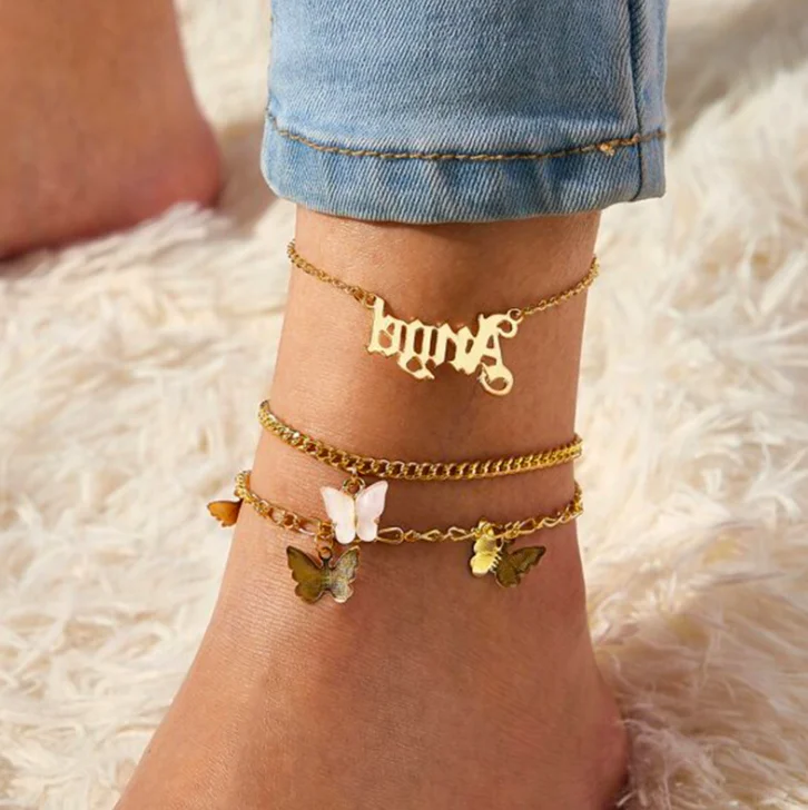 

jialin jewelry Summer beach chain gold plated multi-layer ornaments simple ins anklet female pink butterfly foot chain