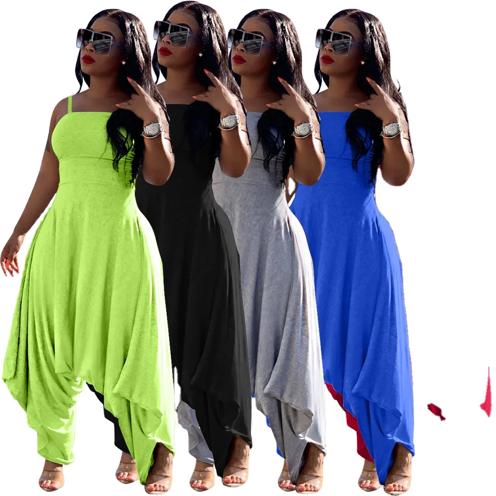 

New Arrivals 3XL Plus Size Casual One Piece Summer Solid Plain Color Harem Loose Wide Leg Jumpsuit Women Jumpsuits