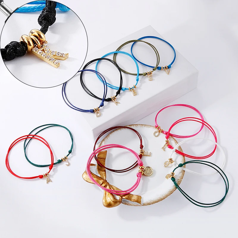 

Wholesale Simple Colorful Adjustable Rope String Foot Bracelet 26 Alphabet Letters CZ Initial Anklet With Charms, Multi colors