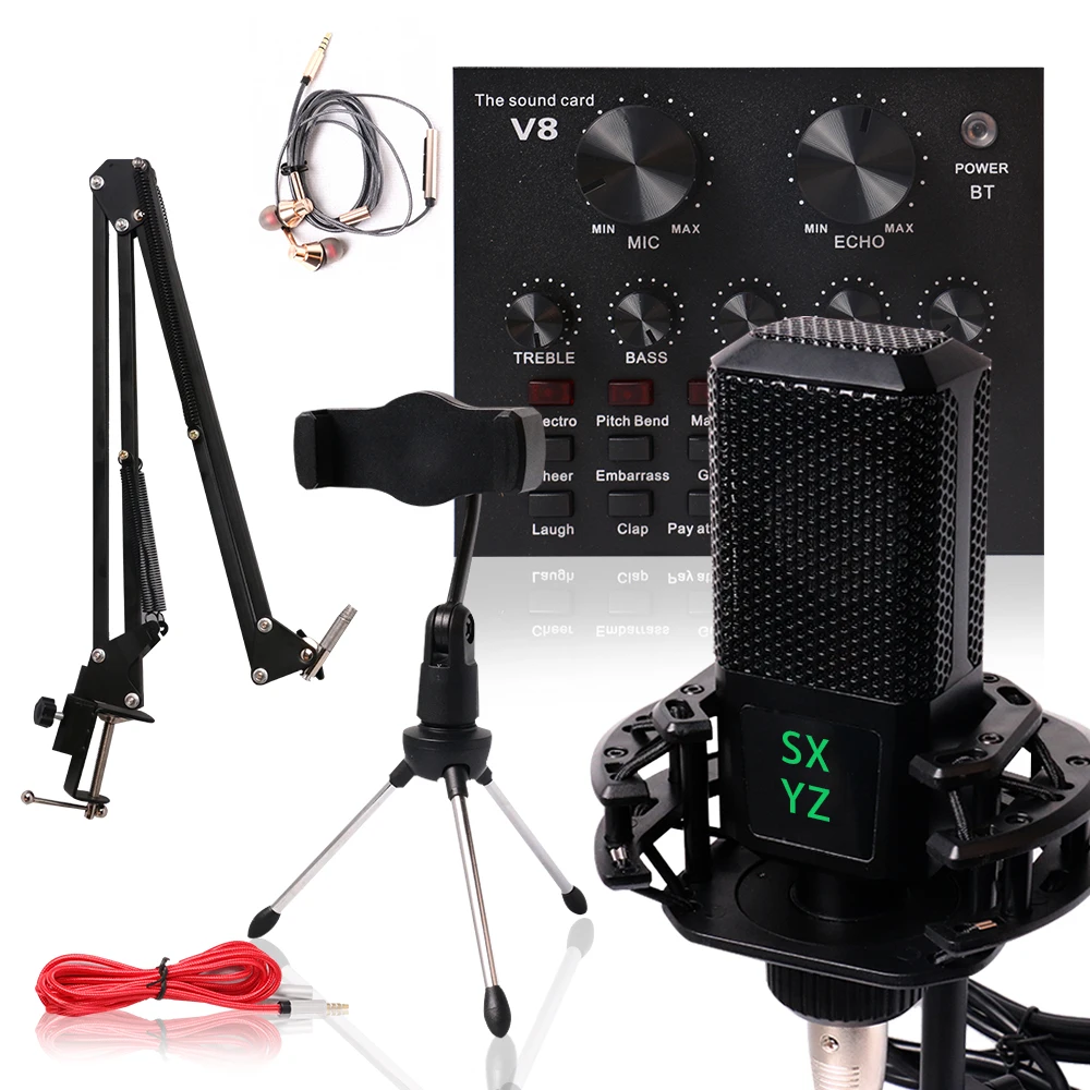 

V8 Professional mobile USB external interface recording studio live broadcast sound card mixer and microphone, Black