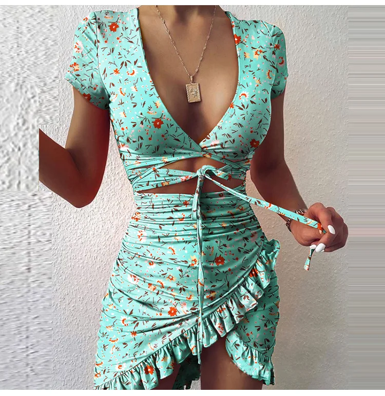 

2021 Summer Holiday Ruffles Sundress Ruched Women's Dress Short Sleeve Tie Up Wrap Mini Dress, Shown