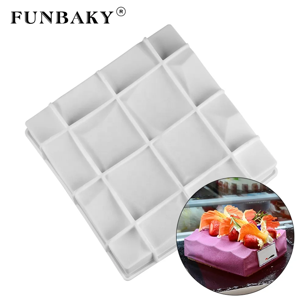 

FUNBAKY Baking silicone single pan square shape embossed grid pattern silicone mold large size mousse cake silicone mold, Customized color