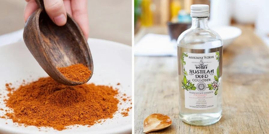 White distilled vinegar bottle next to various spices