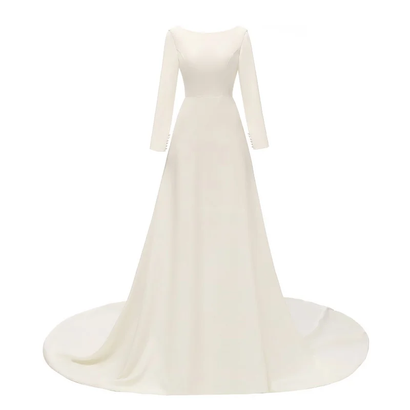 

In stock 100% REAL PICTURES #1012 White Backless Simple Bridal Gown Pure Long Sleeve Wedding Dress