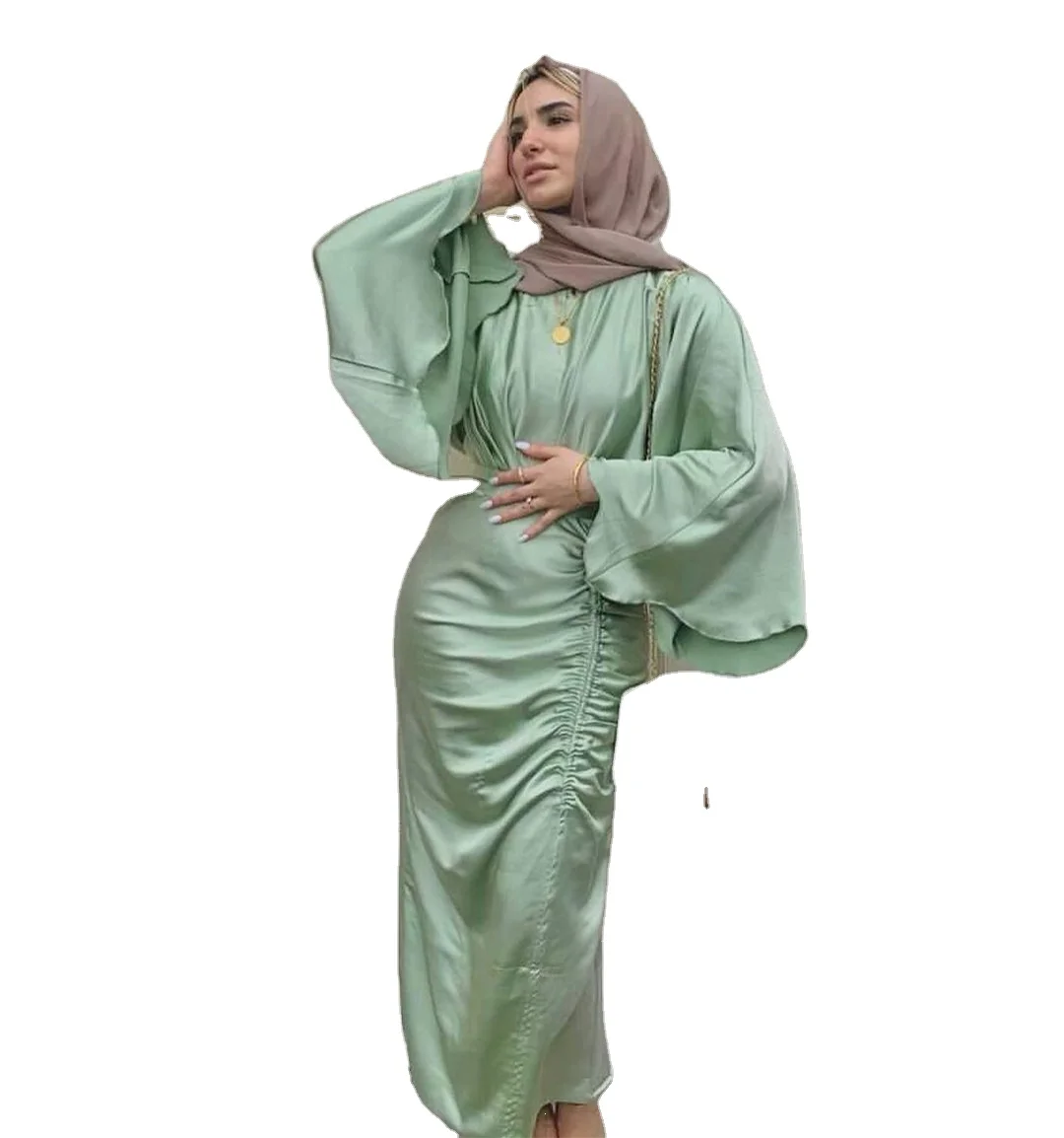 

Eid and Ramadan 2022 Islamic Woman Wholesale Clothing New Fashion Elegant Satin Dress Muslim Female Pleated Abaya