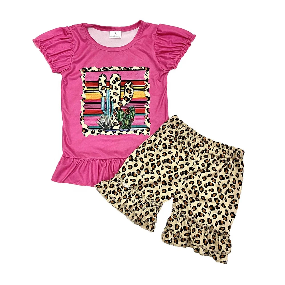 Kids children new fashion colorful striped ctacus pattern purple top matches leopard short pant hot sale set clothes clothing