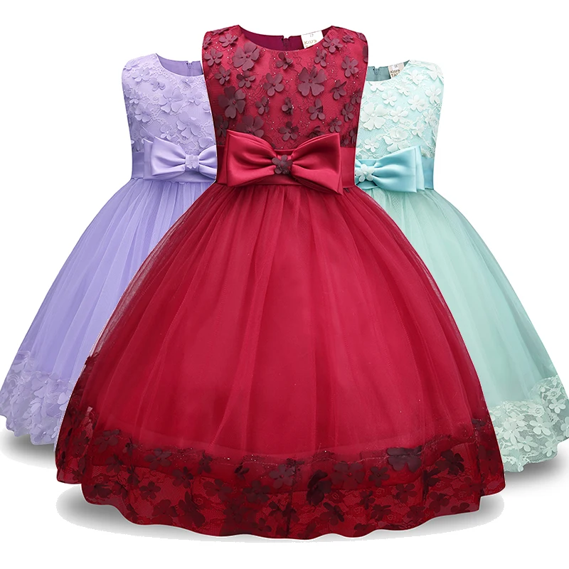 

2021 Custom Solid Mesh Toddler Kids Girls Bow Party Wear Lace Princess Dresses, Mint bow dress girls