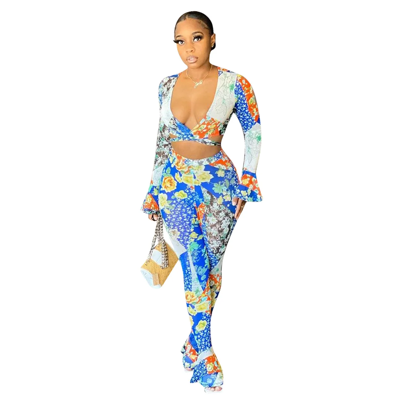 

Chest knotted floral ruffled jacket with slightly looped trousers sport and leisure 2 piece suit