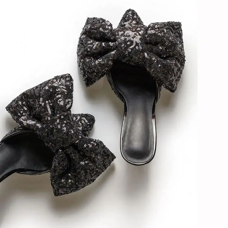 

2021 Summer and fall cute glitter bling bling bow tie factory wholesale price mule heel shoes for ladies