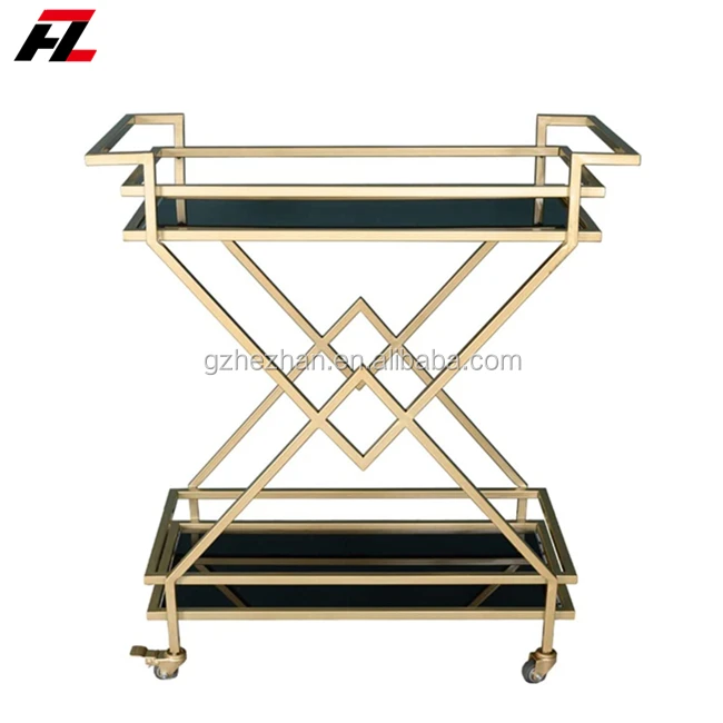 
Modern Bar Cart With Two Tiers Metal And Glass Serving Cart Criss-Cross Design With Glass Top Liquor Trolley 