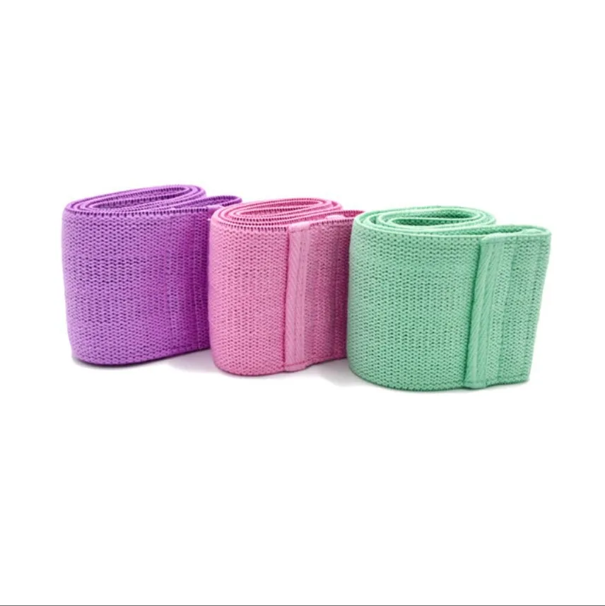 

2021 New Design Custom Logo Fabric Cotton Elastic Home Yoga Exercise Hip Resistance Band Set of 3, Multi color