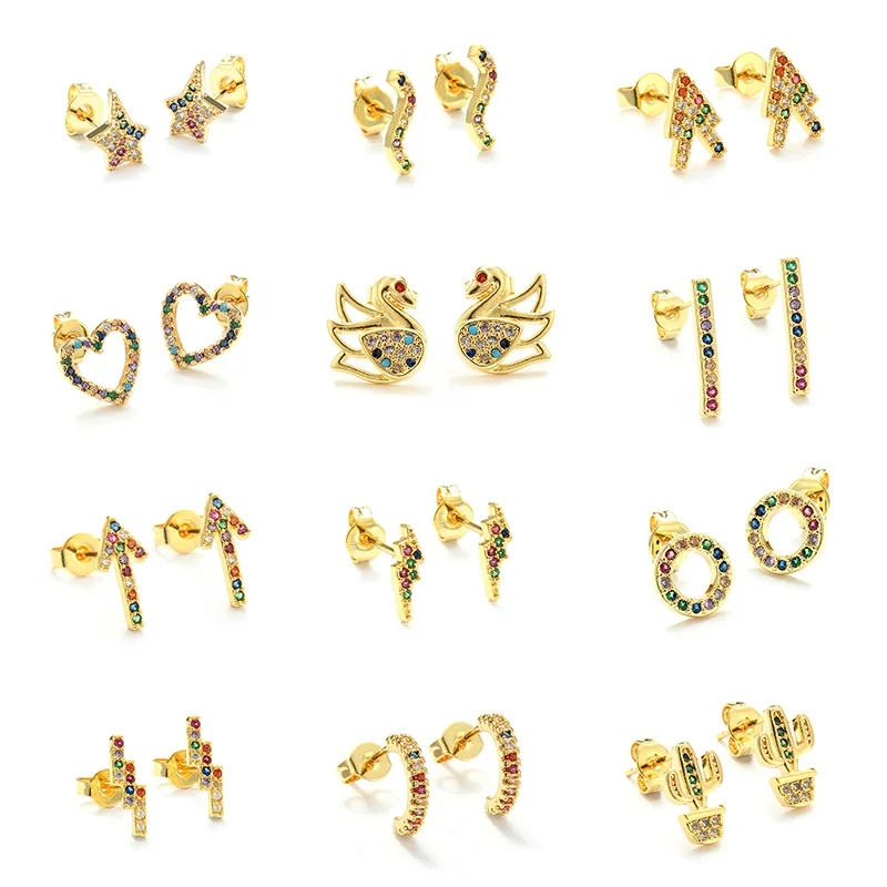 

18k Gold Rainbow CZ Diamond Geometric Cactus Color Stone Micro Pave Stud Earrings Lightning Bolt Diamond Stud Earrings For Women, Picture show
