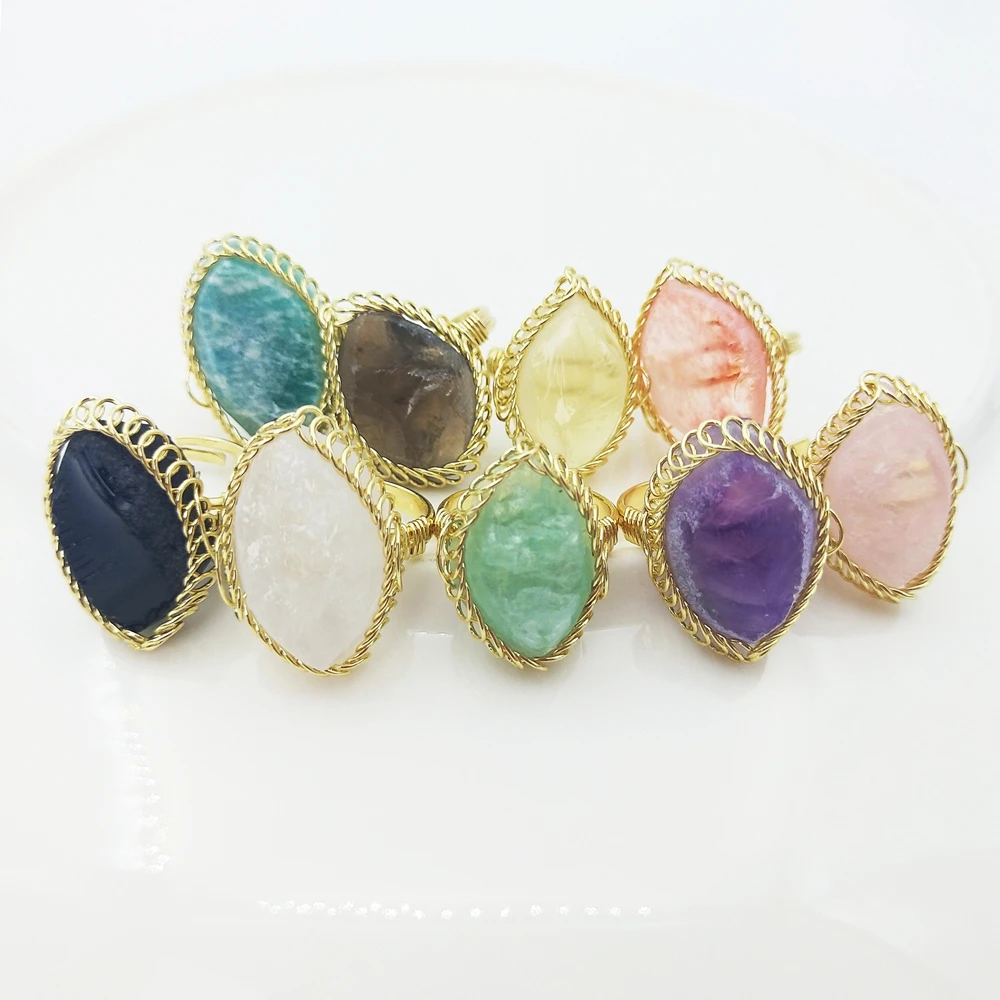 

Popular Styles Healing Chakra Natural Stone Irregular Finger Ring Gold Jewelry Wire Wrapped Crystal Rings Adjustable for Women, Multi