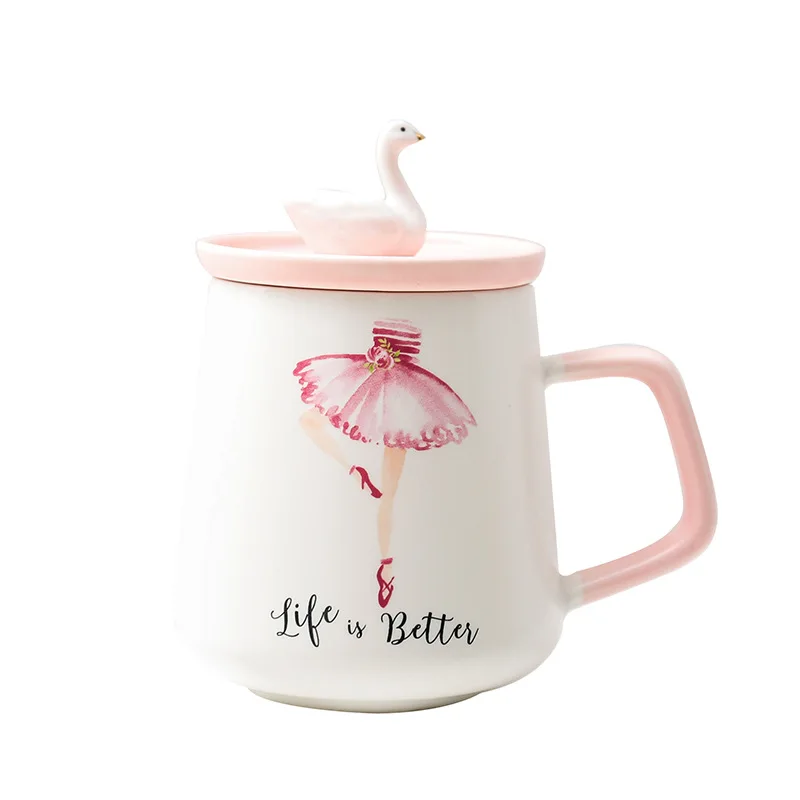 

400 ml pink girl's heart cute swan ceramic cup with lid and handle male and female couples mug restaurant coffee shop cup