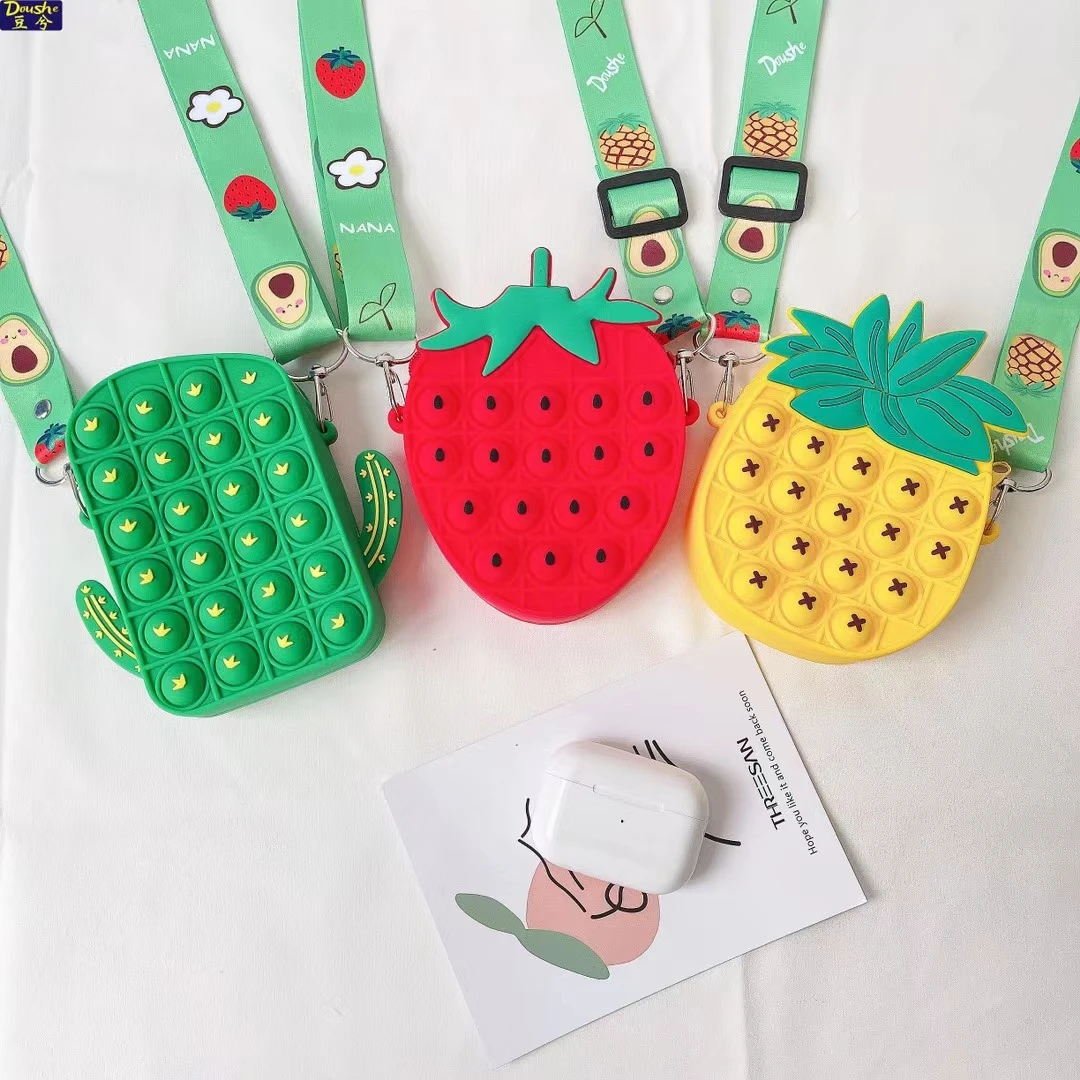 

3D Cool Push Bubbles Pop Fidget Toy Fruit Strawberry Crossbody Shoulder Storage Bag Kids Coin Card Cosmetics Purses Handbags