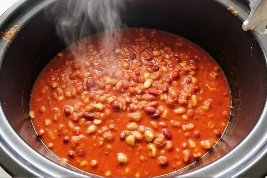 Easy crock pot chili recipe showing finished product in slow cooker with steam rising, vibrant red color, and visible beans and meat chunks