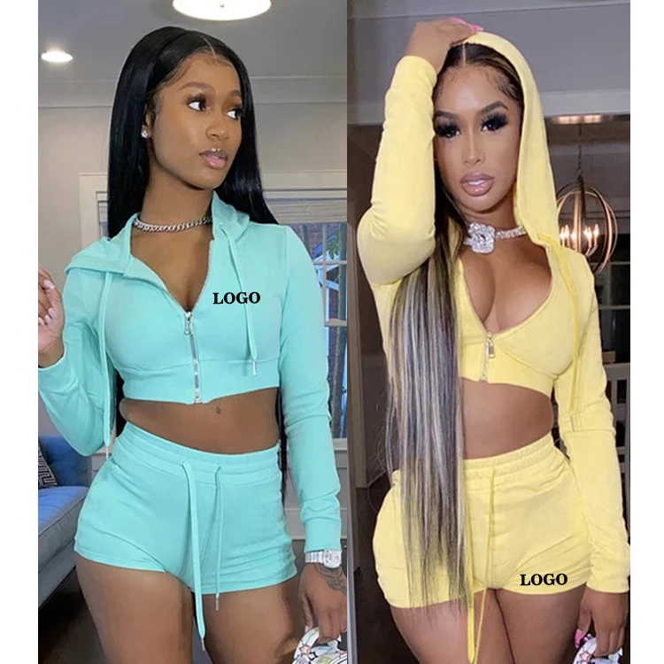 

Free Shipping In Stock Women Biker Short Sets 2 Piece Set Clothing Zipper Hoodie Women Crop Tops Two Piece Set Clothing, Color avaliable