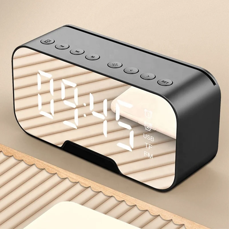 

2021new hot selling multifunctional speaker led mirror Radio Digital alarm clock with speaker, White/gray/red/black/pink/sky blue
