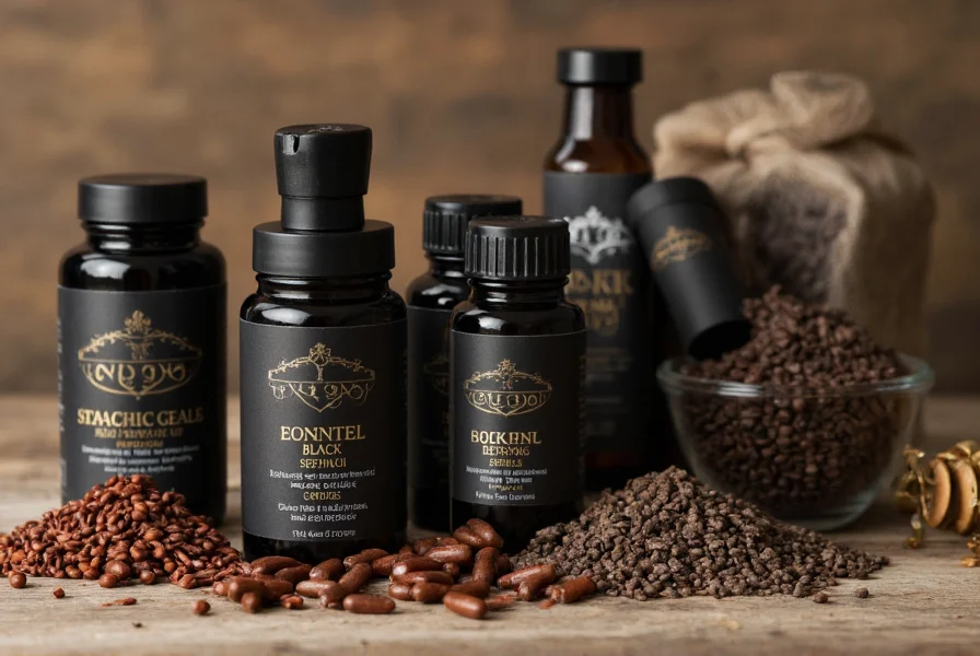 Black cumin seed oil bottles showing different packaging types including dark glass containers and capsule forms