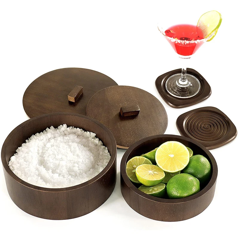 

wooden margarita salt rimmer 2 pcs & 2 coasters bar salt rimmer drinking bar accessories for the home bar(natural color), Customized paiting color