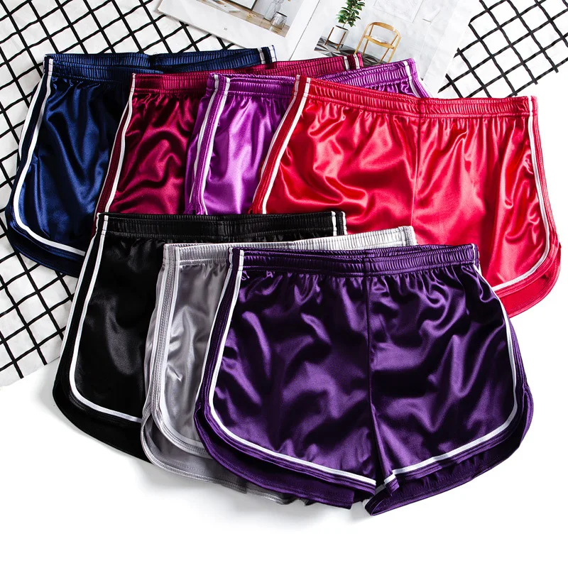 

B947 High Waist Plus Size Silk Shorts Women Summer Elastic Booty Shorts Custom Logo Print Women Biker Shorts, Red, black, silver ,golden,purple ,blue