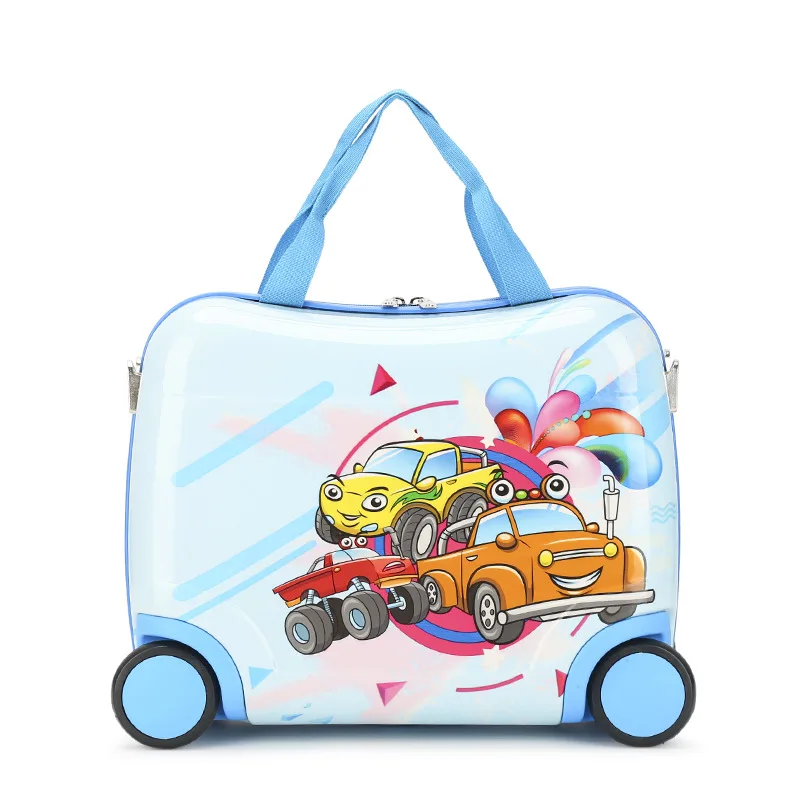 

Professional cartoon printing PC 3D kids ride on travel luggage girls boys students school bags with wheels, Blue/custom made