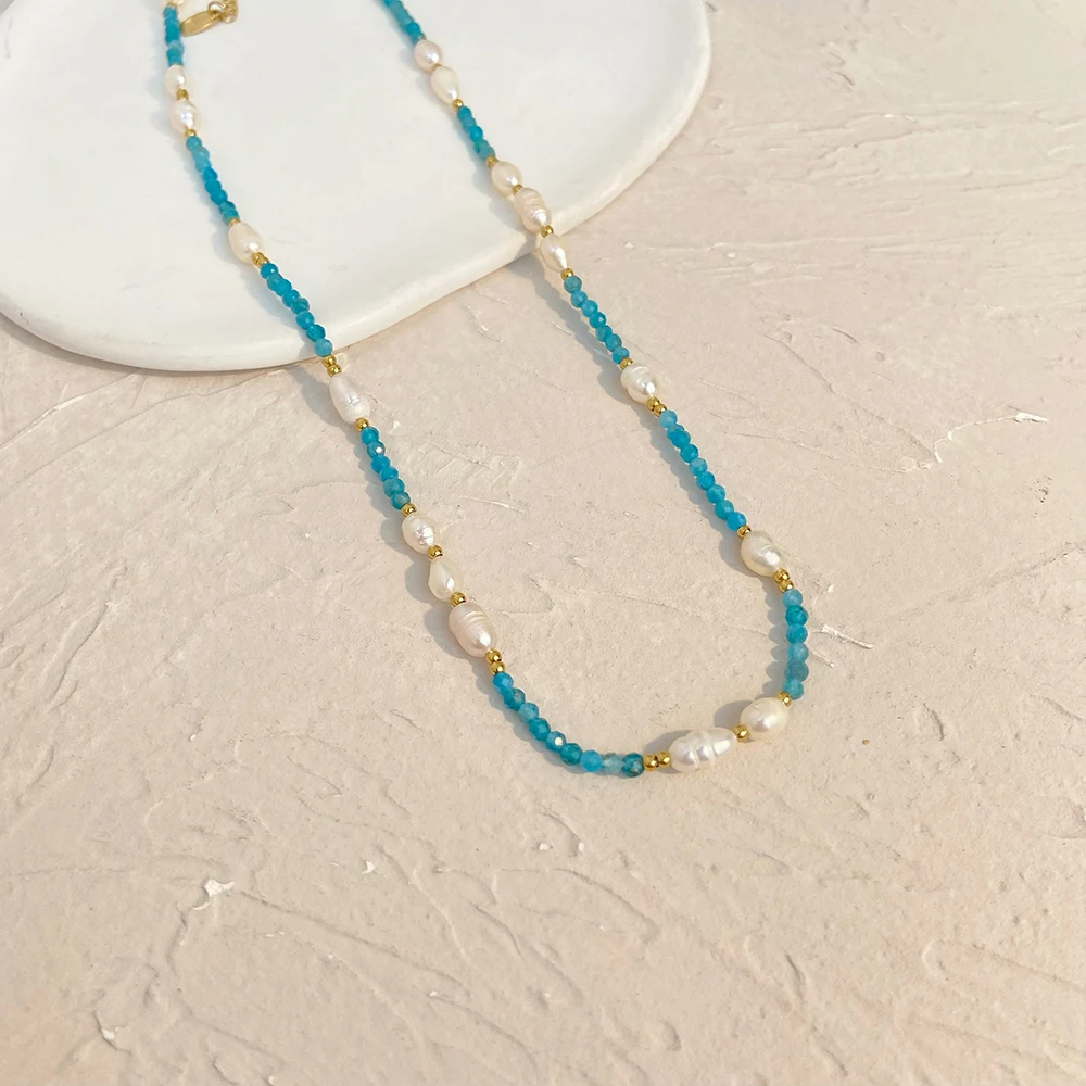 

Fashion Charm jewelry Stainless Steel Gold Plated Necklace Blue Stone Fresh Water Pearl Choker Necklace For Women