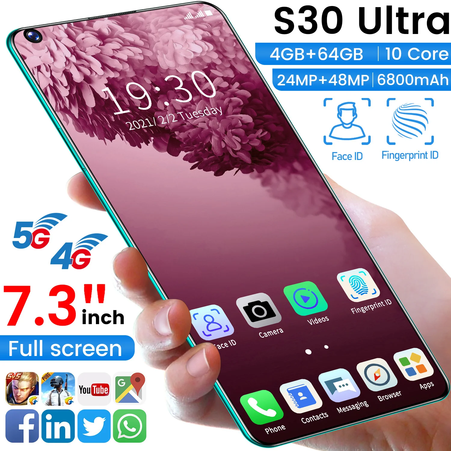 

2021 Latest S30U with 7.3-inch Full Screen smartphone 4g Android10.0 4+64GB Mobile Phone 6800mAh Deca Core 24+48MP Gaming Mobile, Green/gold/silver