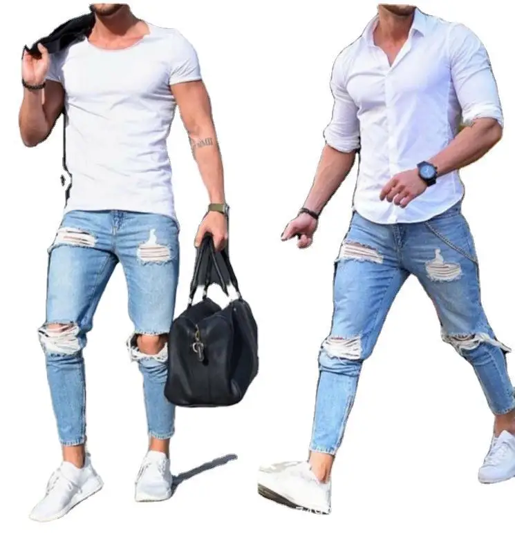 

Hot Sale European And American Men's Skinny Jeans Light Blue Ripped Pants Jeans Men