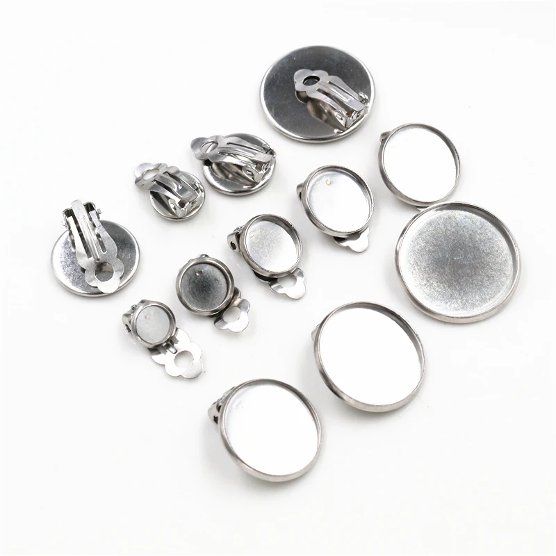 6/8/10/12/14/16/18/20mm Stainless Steel DIY Earring Clips Base Cameo Bezels Tray For Ear Jewelry Supplies Accessories