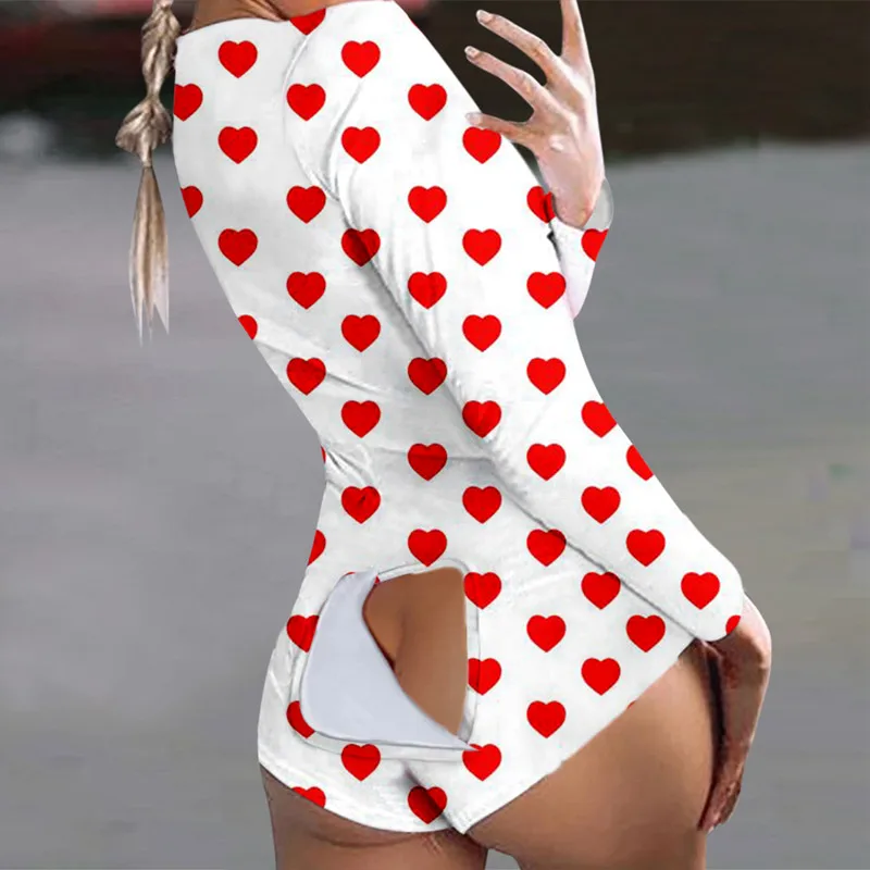 

wholesale custom logo Sexy adult sleepwear valentine's onesie printed love heart women jumpsuit overall romper with butt flap, Customized color