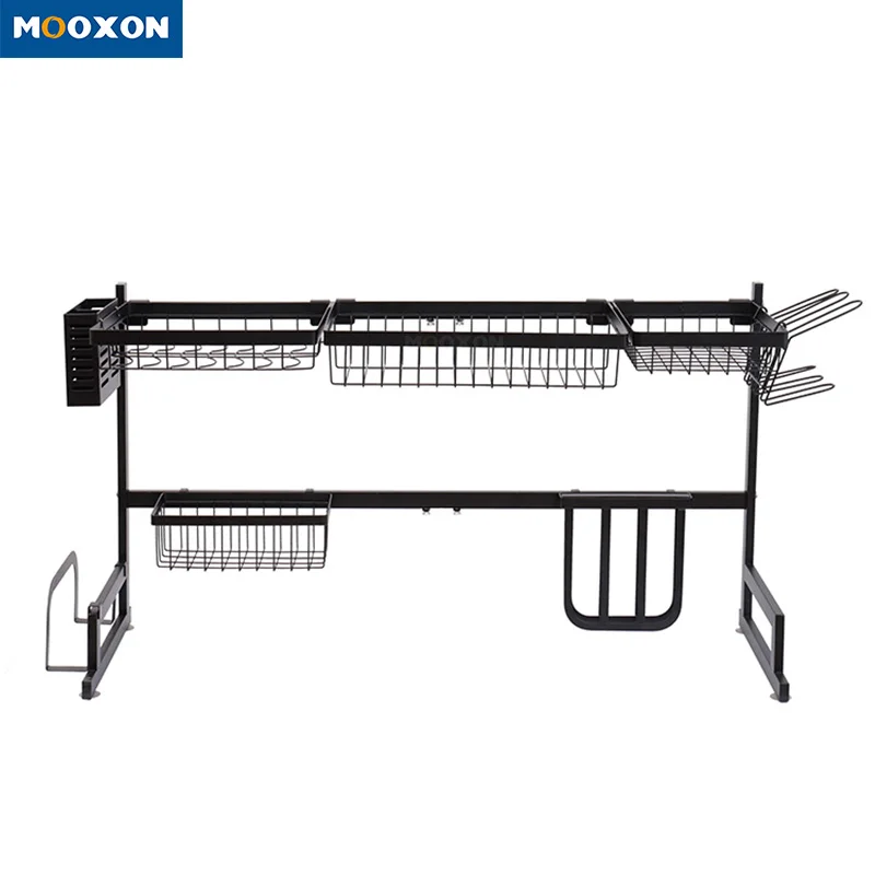 

2 Tier Black Racks Sink Over Tableware Drainer Basket Adjustable Dish Drying Kitchen Organizer Storage Holders Rack, Black/silver