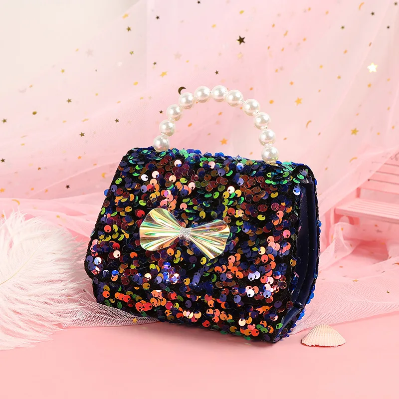 

Cute Princess Sparkly Sequin Bow Handbag Trendy Hand-Held Pearl Slanted Cross Chain Bag Luxury Children Girl Gift Purse