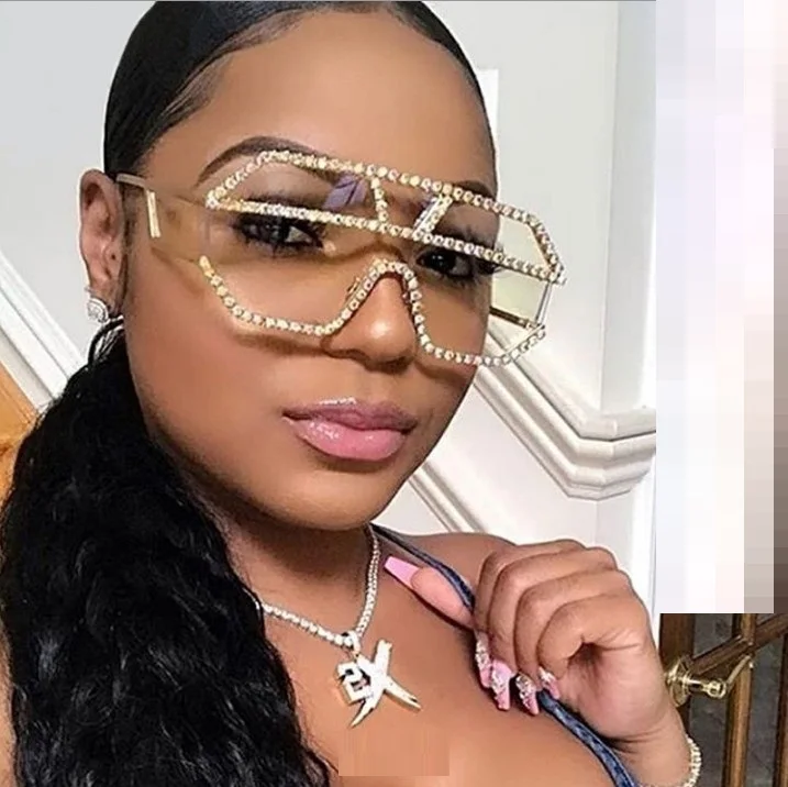 

L9343 New Big Fashion Oversized Sunglasses Women Red Shades Large Sun Glasses Luxury Bling Square Rhinestone Sunglasses