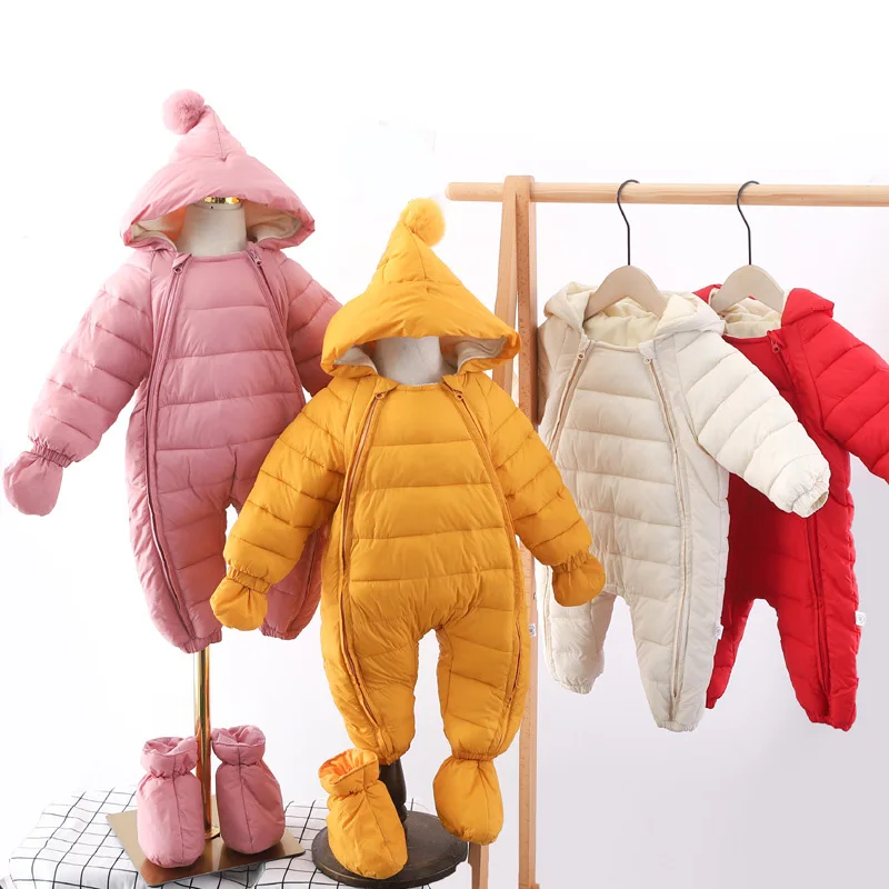 

2021 Newborn Baby Jumpsuit Hooded Plus-Velvet Warm Baby Boys Snowsuit Toddler Snow Suit Baby Girl Cotton Overalls Rompers