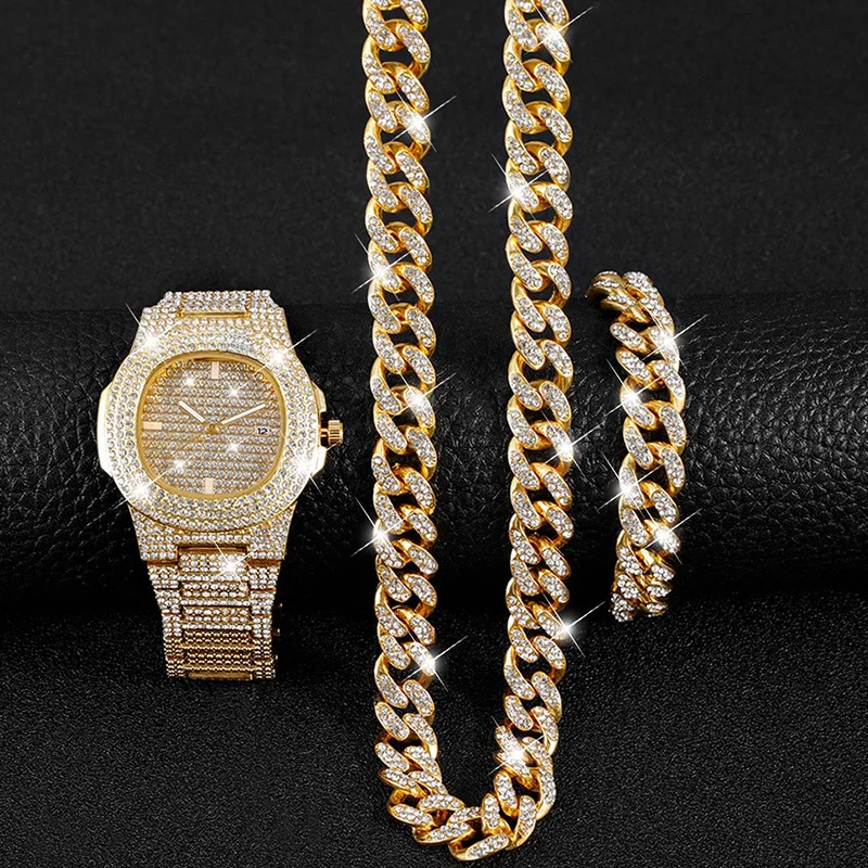 

Hip Hop Luxury Iced Out Watches Bracelet Date Micropave CZ Quartz Wrist Watches For Women Jewelry