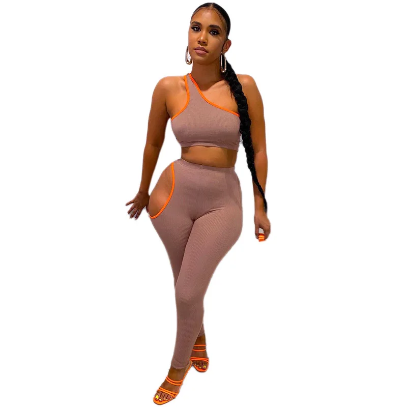 

Sexy Hollow Out 2 Piece Set Women Outfit One Shoulder Crop Tops Sportswear Body-Shaping Streetwear Matching Sets B1923