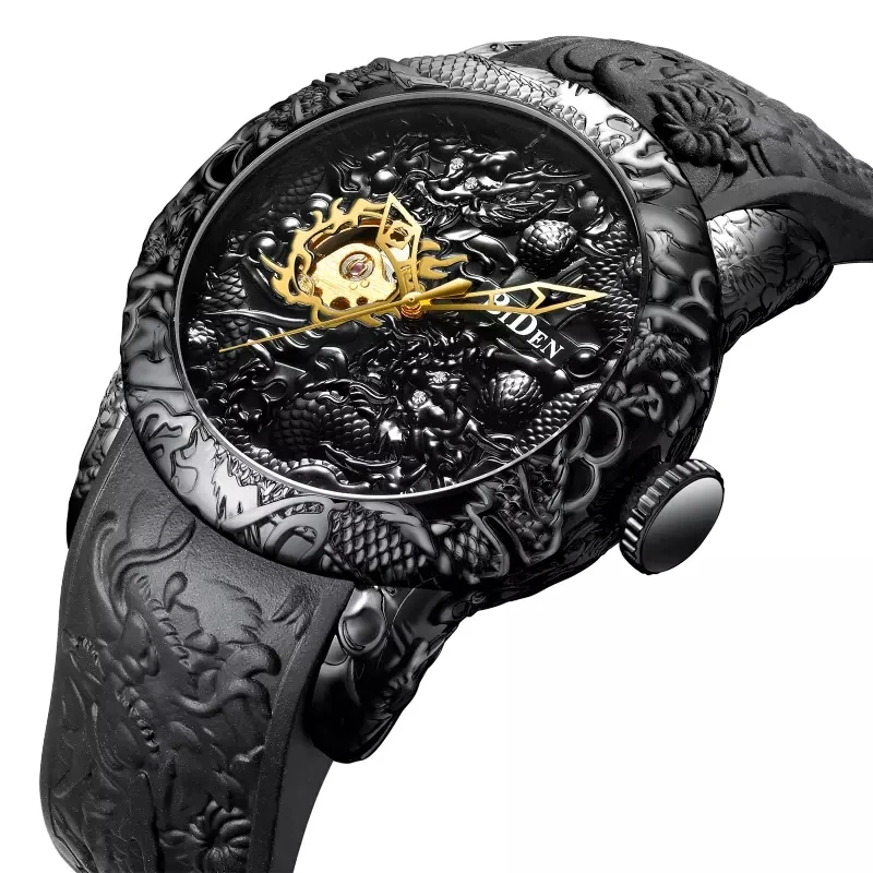 

BIDEN 0129 Fashion Gold Dragon Sculpture Men Watch Automatic Mechanical Watch Waterproof Silicone Strap Wristwatch, 3colors
